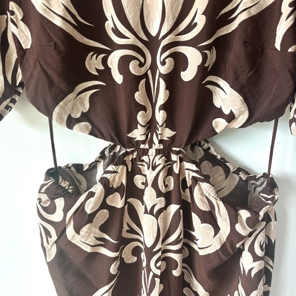 Abercrombie & Fitch Short Puff Sleeve Cutout Maxi Dress Brown Tan Floral Pattern